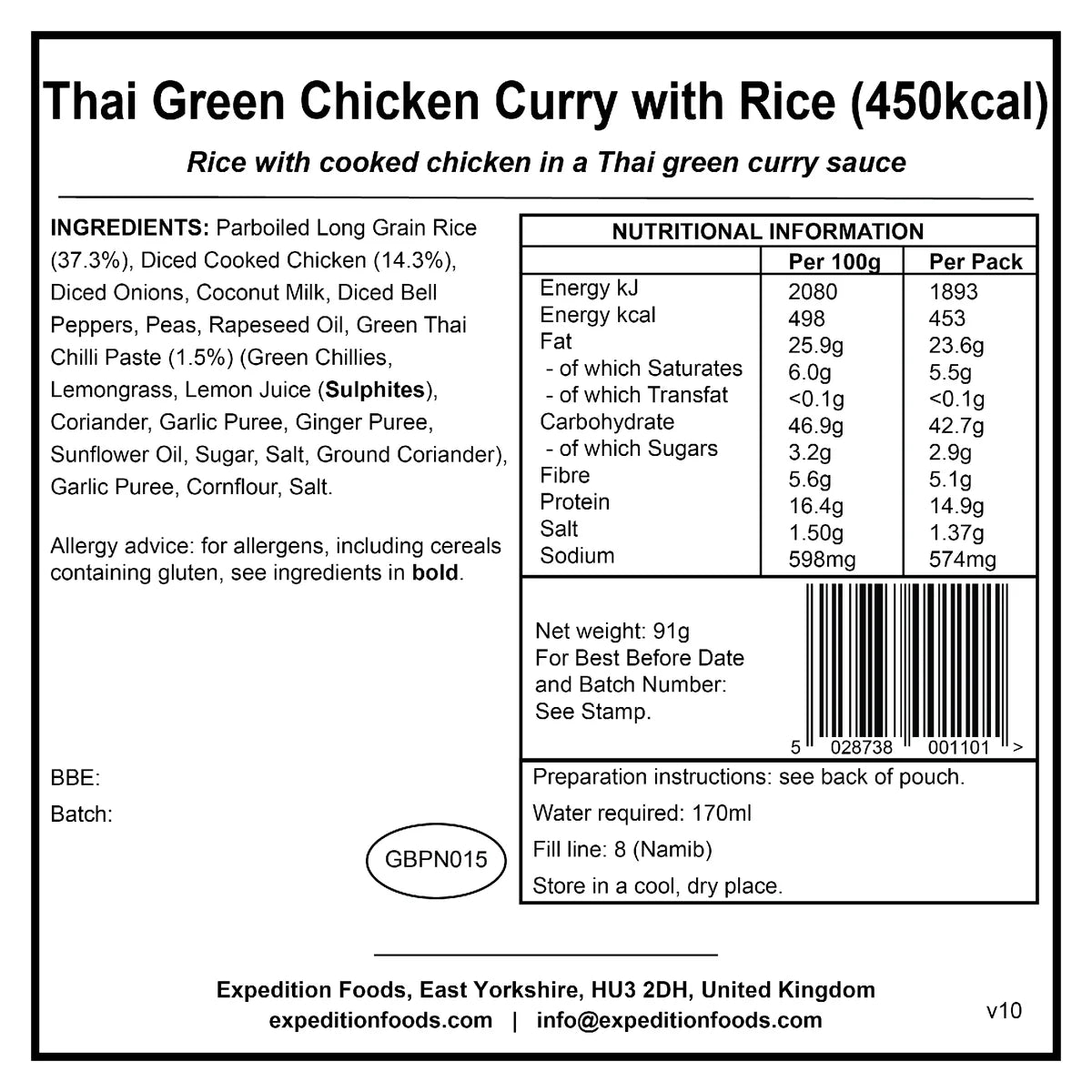 Expedition Foods Thai Green Chicken Curry With Rice 450CALORIES